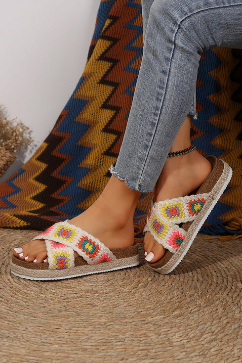 Geometric Woven Crochet Crisscross Strap Platform Slippers