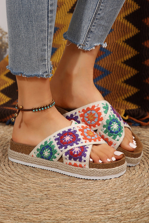 Geometric Woven Crochet Crisscross Strap Platform Slippers