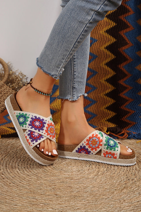 Geometric Woven Crochet Crisscross Strap Platform Slippers