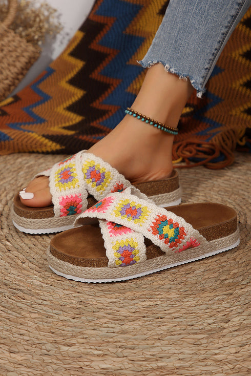 Geometric Woven Crochet Crisscross Strap Platform Slippers