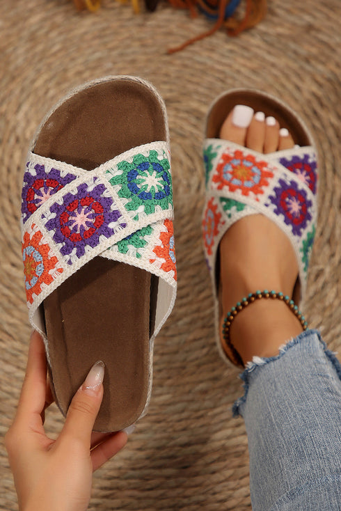 Geometric Woven Crochet Crisscross Strap Platform Slippers