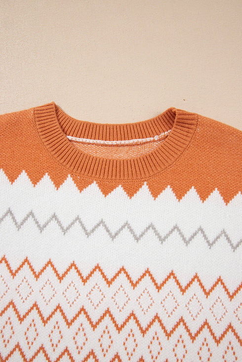 Geometric Zig Zag Knit Crew Neck Sweater