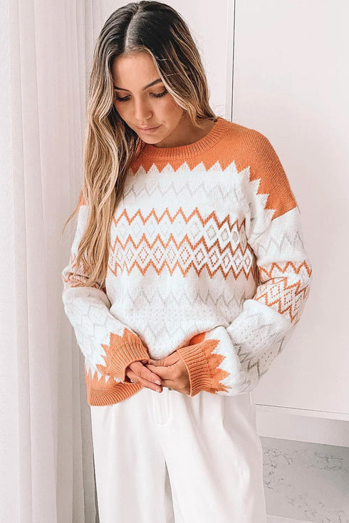 Geometric Zig Zag Knit Crew Neck Sweater