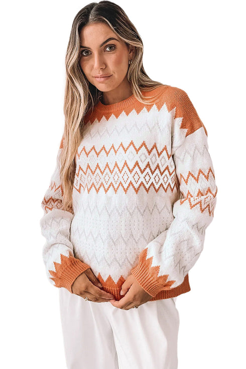 Geometric Zig Zag Knit Crew Neck Sweater