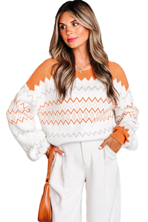 Geometric Zig Zag Knit Crew Neck Sweater