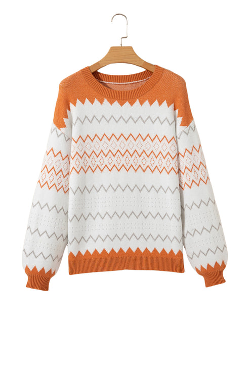 Geometric Zig Zag Knit Crew Neck Sweater