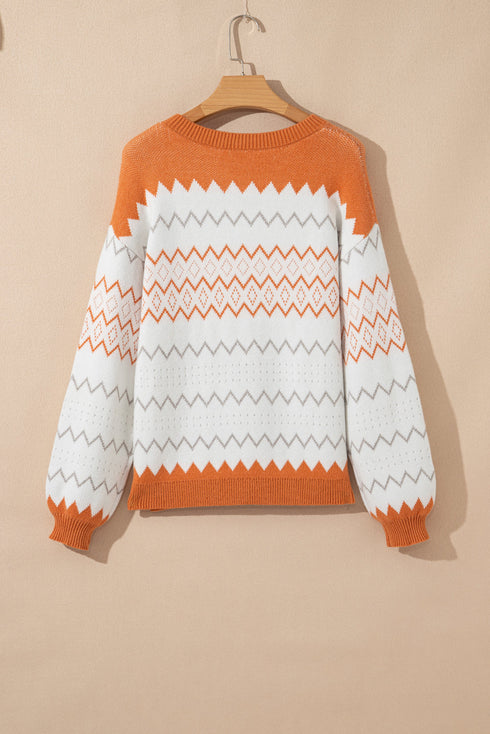 Geometric Zig Zag Knit Crew Neck Sweater