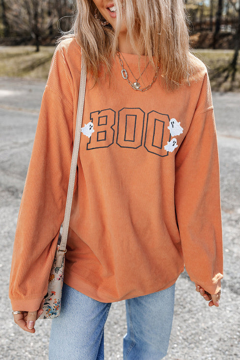 Ghost Graphic Corded Knit Oversized Pullover Sweatshirt