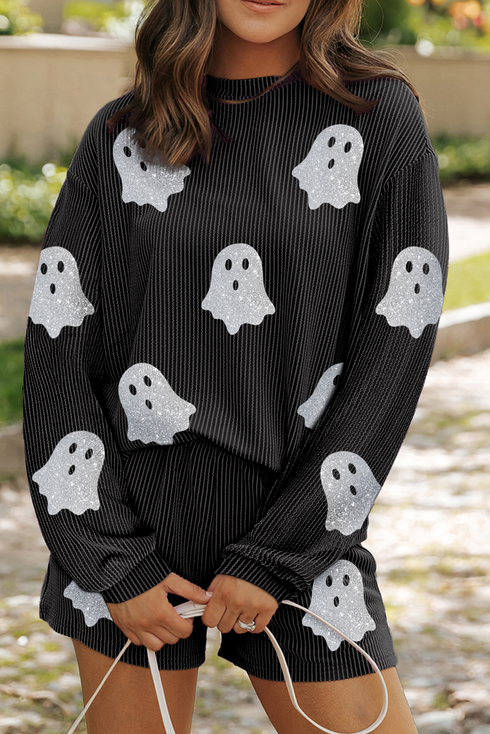 Ghost Graphic Corded Pullover And Shorts Two Piece Set