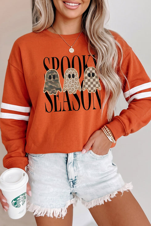 Ghost Graphic Varsity Striped Sleeve Pullover Sweatshirt