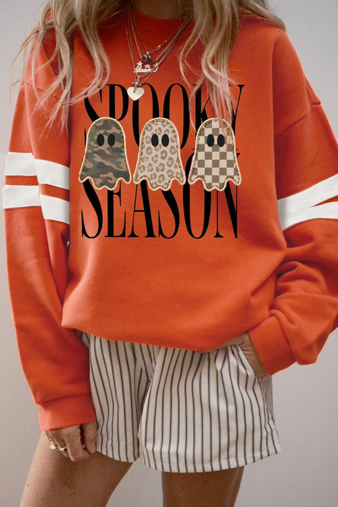 Ghost Graphic Varsity Striped Sleeve Pullover Sweatshirt