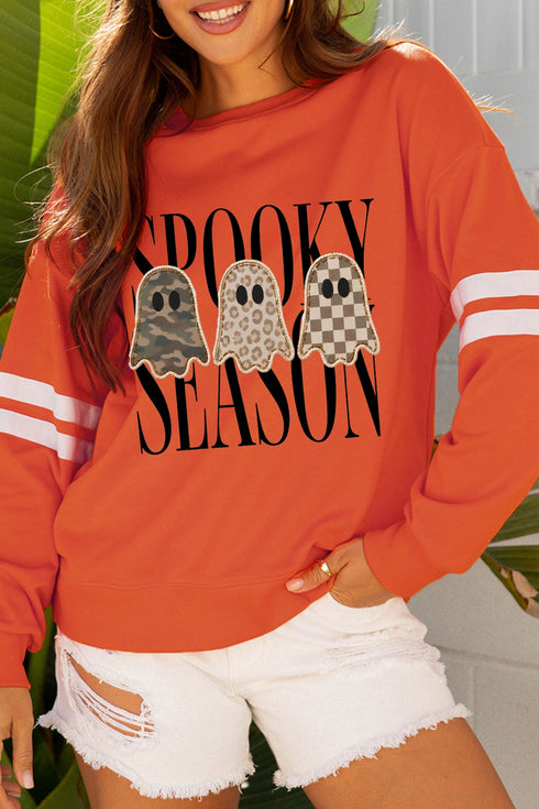 Ghost Graphic Varsity Striped Sleeve Pullover Sweatshirt