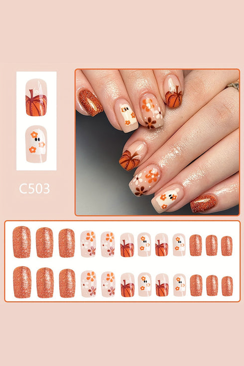 Ghost Motif Floral Glitter Square False Nails