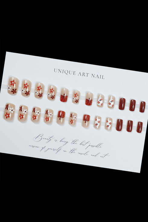 Ghost Motif Floral Glitter Square False Nails