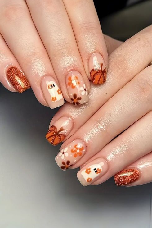 Ghost Motif Floral Glitter Square False Nails