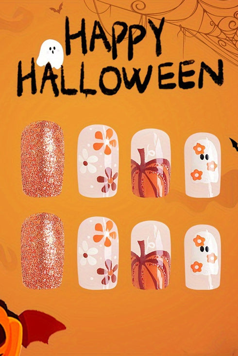 Ghost Motif Floral Glitter Square False Nails