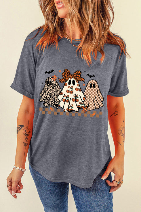 Ghost Trio Pumpkin Bow Graphic Crew Neck Short Sleeve Tee