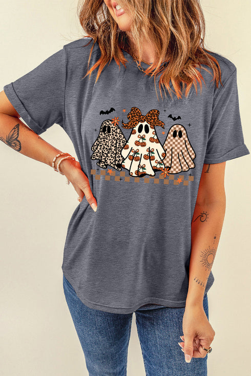 Ghost Trio Pumpkin Bow Graphic Crew Neck Short Sleeve Tee