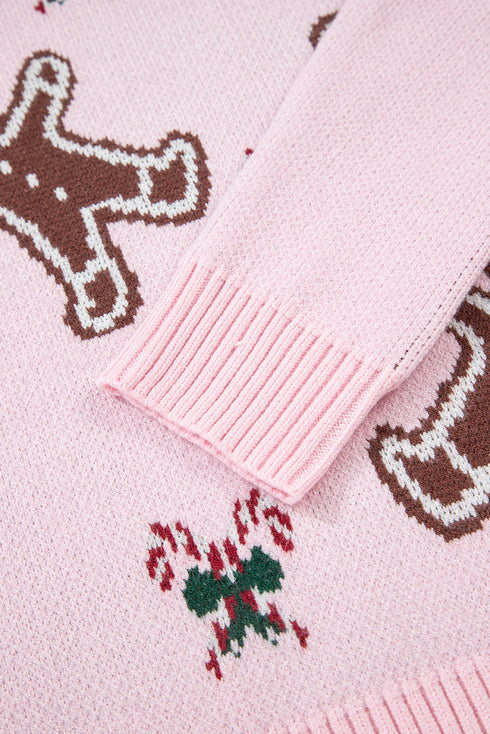 Gingerbread And Candy Cane Motif Pullover Sweater