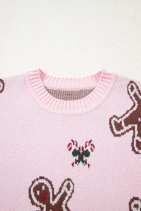 Gingerbread And Holly Intarsia Rib Trim Crewneck Long Sleeve Sweater