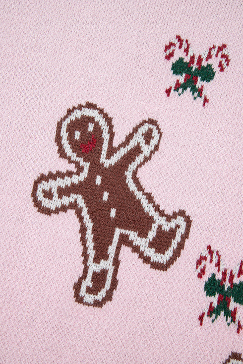 Gingerbread And Holly Intarsia Rib Trim Crewneck Long Sleeve Sweater