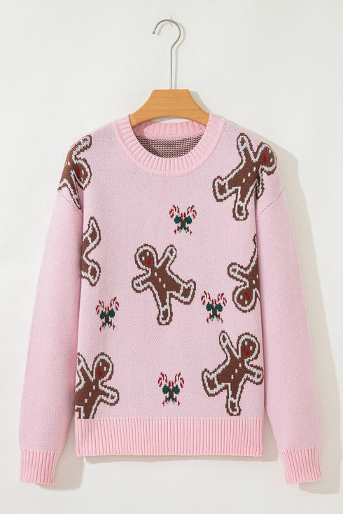 Gingerbread And Holly Intarsia Rib Trim Crewneck Long Sleeve Sweater
