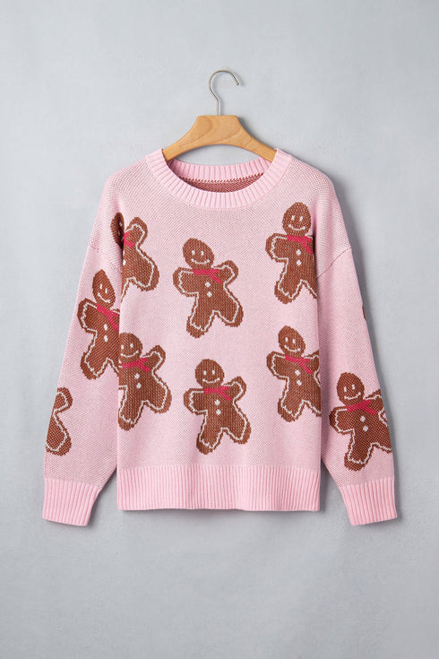 Gingerbread Pattern Round Neck Long Sleeve Shift Sweater