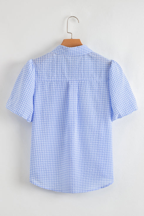 Gingham Dreams Short Puff Sleeve Collared Button Up Blouse