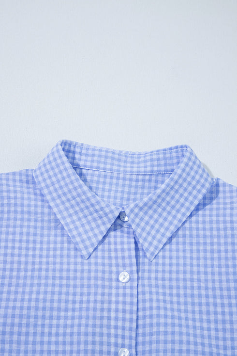 Gingham Dreams Short Puff Sleeve Collared Button Up Blouse