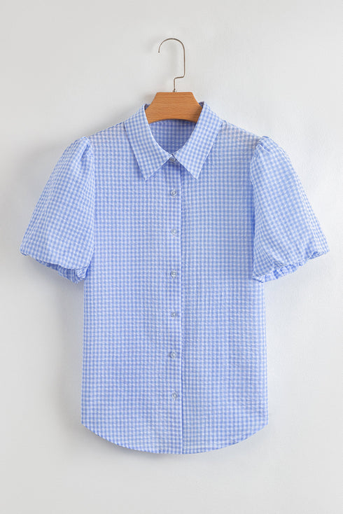 Gingham Dreams Short Puff Sleeve Collared Button Up Blouse
