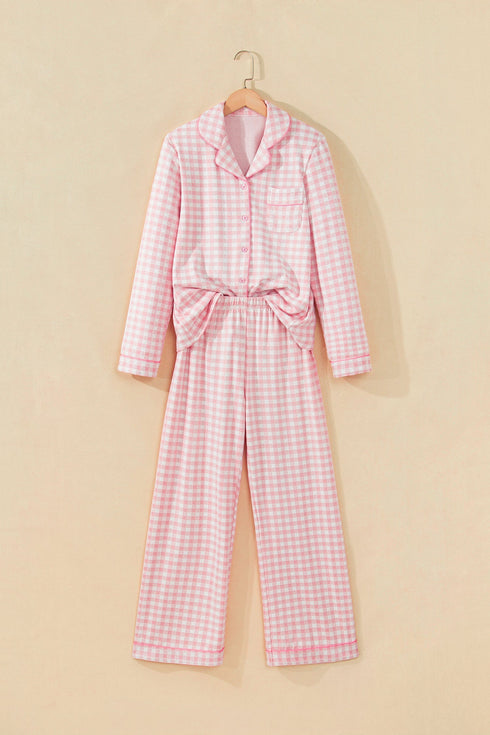 Gingham Lapel Shirt Long Sleeve Pajama Pant Set