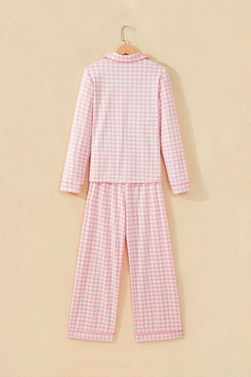 Gingham Lapel Shirt Long Sleeve Pajama Pant Set