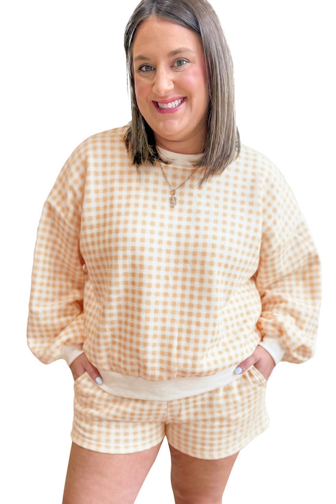 Gingham Loose Pullover Top Drawstring Shorts Lounge Set
