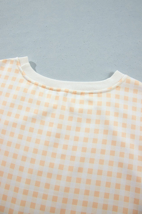 Gingham Loose Pullover Top Drawstring Shorts Lounge Set