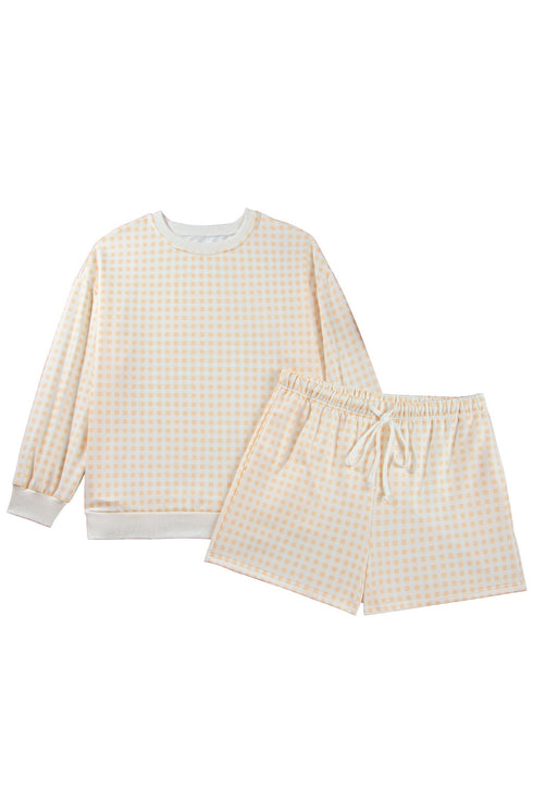 Gingham Loose Pullover Top Drawstring Shorts Lounge Set