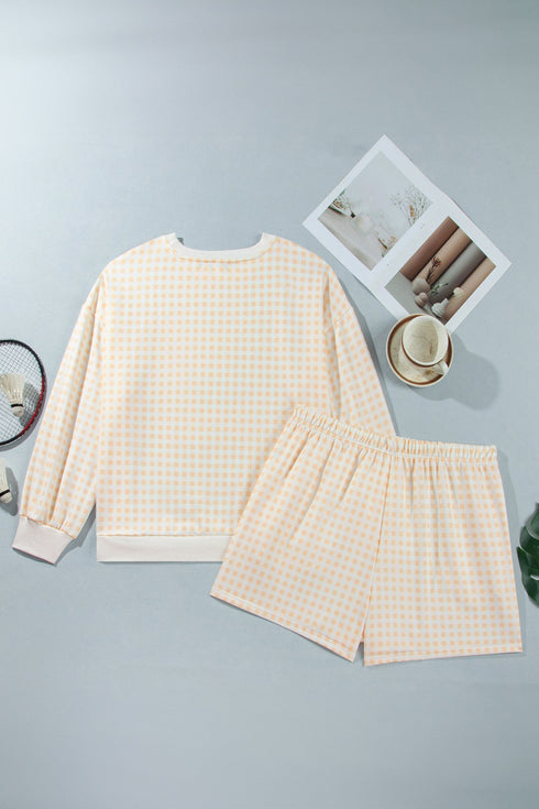 Gingham Loose Pullover Top Drawstring Shorts Lounge Set