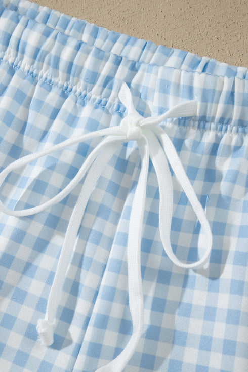 Gingham Loose Pullover Top Drawstring Shorts Lounge Set