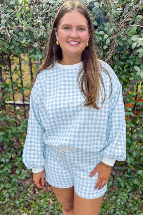 Gingham Loose Pullover Top Drawstring Shorts Lounge Set