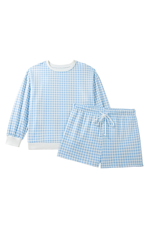 Gingham Loose Pullover Top Drawstring Shorts Lounge Set
