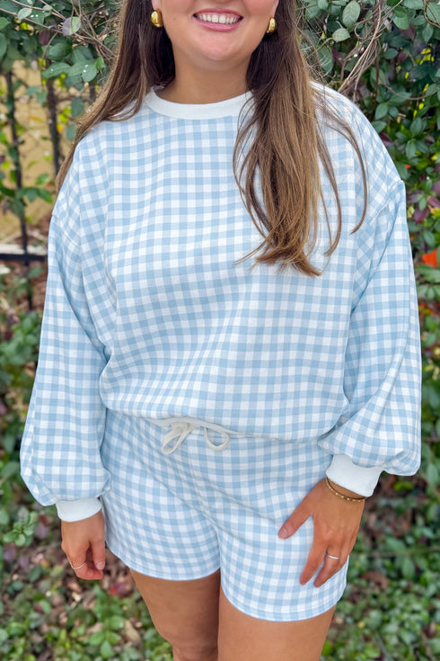 Gingham Loose Pullover Top Drawstring Shorts Lounge Set