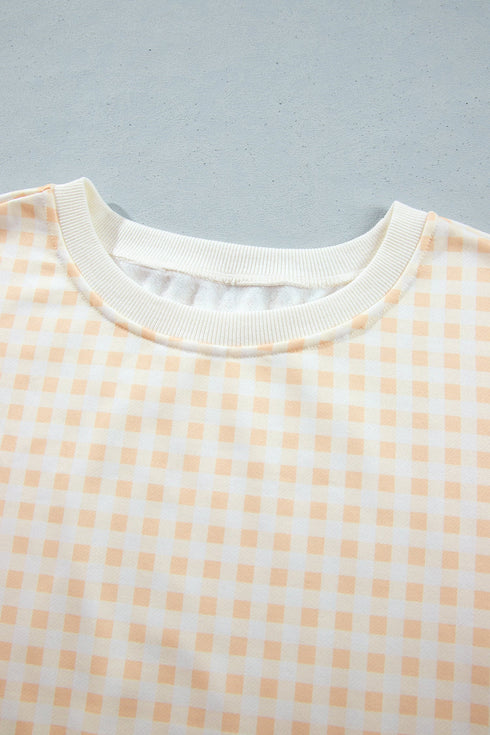 Gingham Loose Pullover Top Drawstring Shorts Lounge Set
