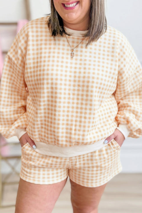 Gingham Loose Pullover Top Drawstring Shorts Lounge Set