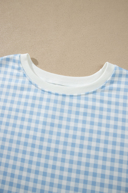 Gingham Loose Pullover Top Drawstring Shorts Lounge Set