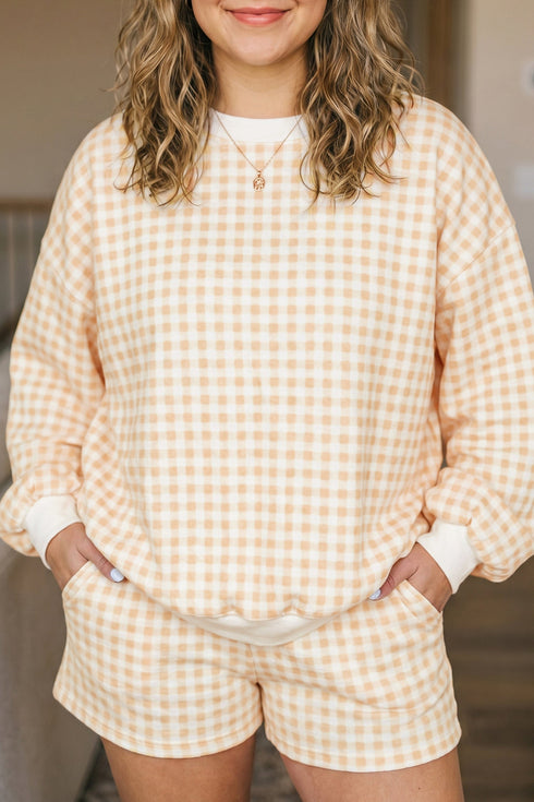Gingham Loose Pullover Top Drawstring Shorts Lounge Set