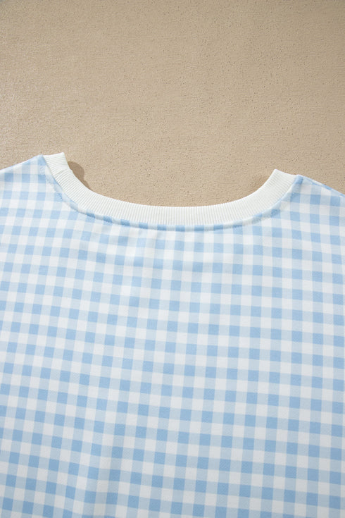 Gingham Loose Pullover Top Drawstring Shorts Lounge Set