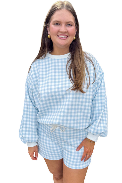 Gingham Loose Pullover Top Drawstring Shorts Lounge Set