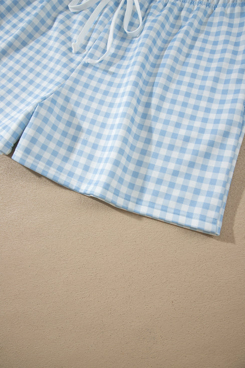 Gingham Loose Pullover Top Drawstring Shorts Lounge Set