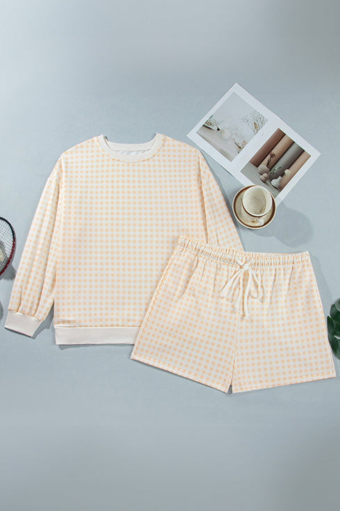 Gingham Loose Pullover Top Drawstring Shorts Lounge Set