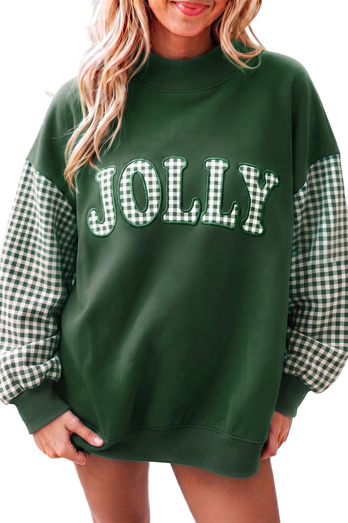 Gingham Pattern Applique Oversized Silhouette Pullover Sweatshirt