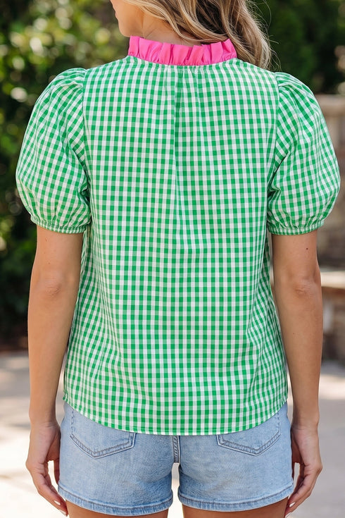 Gingham Plaid Bubble Sleeve Tailored Trim V Neck Blouse